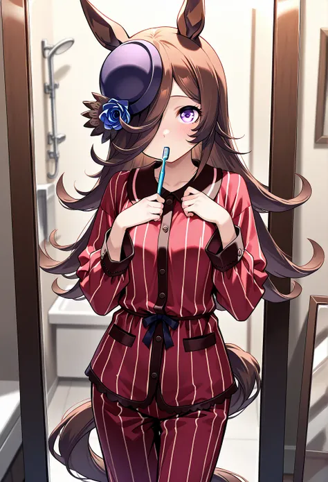 deTailed eyes,   girl,   rice shower (Uma Musume),   horse ears,     animal ears,   The hair hangs down to hide one eye, horse Tail,   horse  girl , Tail, length、toothbrush、mirror、black sexy pajamas、Drowsiness