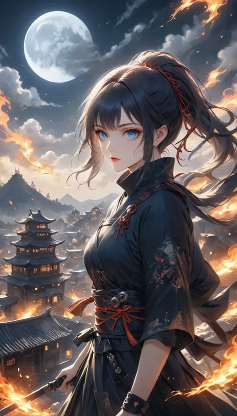 beautiful female ninja, quick attacking posture, Clear Blue Eyes Shine Sharply, Starts at You, on the roof, traditional Japanese castle, dark tones, Moonlight Backlight, Covert Operation Covered by Dark Night, DGCU, BREAK She's looking down at the castle t...