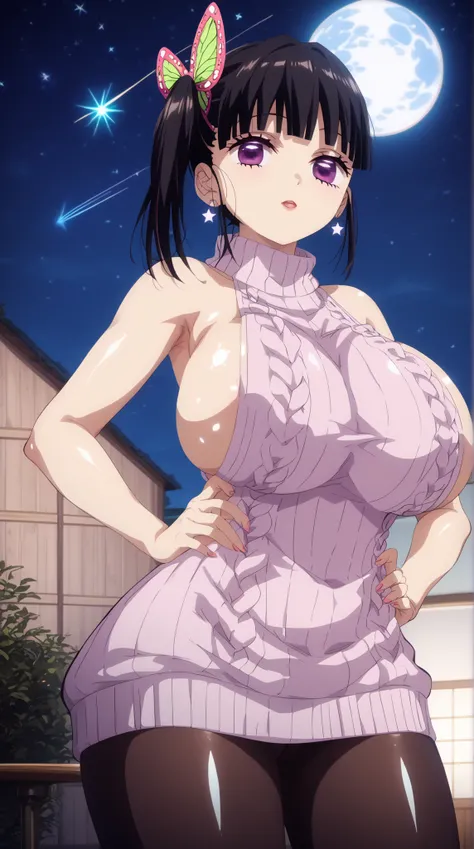 (UHD, retina, masterpiece, accurate, anatomically correct, super detail, high details,     highres, 1080P, 16k:1.3)、 (Tsuyuri Kanao:1.3)、 side　Ponyterre、dark hair、purple eyes、(gigantic breasts:1.1)、(shiny skin:1.3)、(virgin killer sweater、pantyhose:1.3)、(Gi...