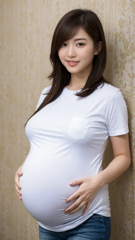 (Masterpiece,High Quality),(clear shots) ,  Japanese ,Woman, (huge breasts),(huge pregnant),(looking at the front), wallpaper, sweet smile, half body, oversized long T shirt, hair short length, hands in the pocket, 