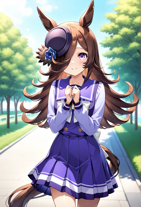 deTailed eyes,   girl,   rice shower (Uma Musume),   horse ears,     animal ears,   The hair hangs down to hide one eye, horse Tail,   horse  girl , Tail, length、Going to school 、Riverbank、smile、 turn around