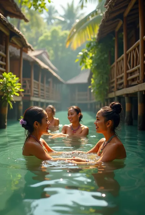 Indonesian women without bathing suits enjoy the atmosphere of a clear water village and shady trees