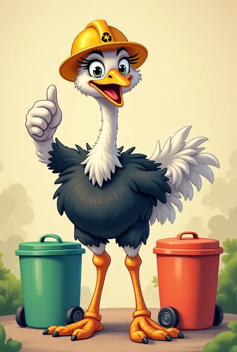 I want an image of a promotional poster for a ren's competition on waste sorting, featuring the intelligent ostrich as the main character. The ostrich should be in a legendary cartoon style, wearing a work hat with a recycling symbol, smiling, and making a...