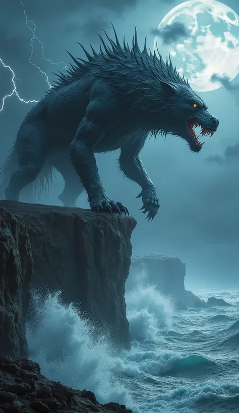 A towering hybrid beast stands on the edge of a jagged cliff, its massive form a fusion of a colossal wolf and a leviathan whale. Its muscular body is covered in a mix of dark, bristling fur and smooth, armored skin, glistening under the stormy moonlight. ...