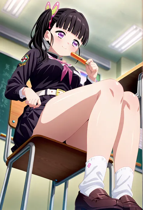 quality, 高quality, 素晴らしいquality,  very aesthetic,  Masterpiece,  1 girl, Man in office clothes sitting on chair, classroom、aakanao, long hair, black hair, side ponytail,  hair ornament , blunt bangs, purple eyes, medium breasts, black shirt, long sleeves, ...