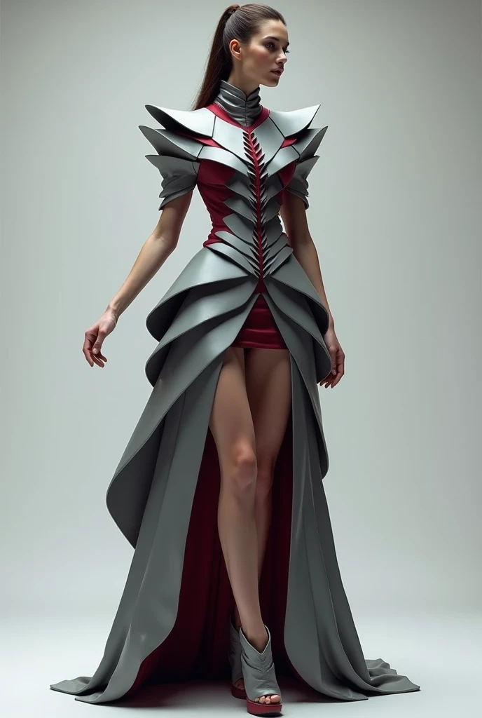 a model wearing A futuristic, structured dress with layered geometric paneling, a high nckline, peplum waist, long sleeves, and a bold mix of grey and maroon tones. more flowy and fabric texture