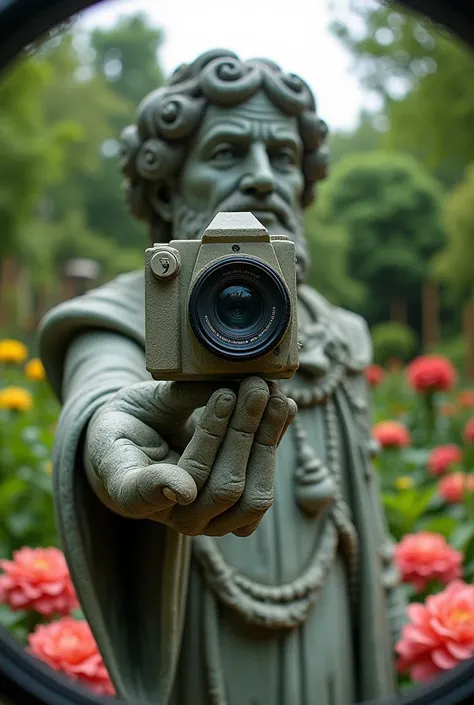 a fishey lens selfie photo taken by statue 