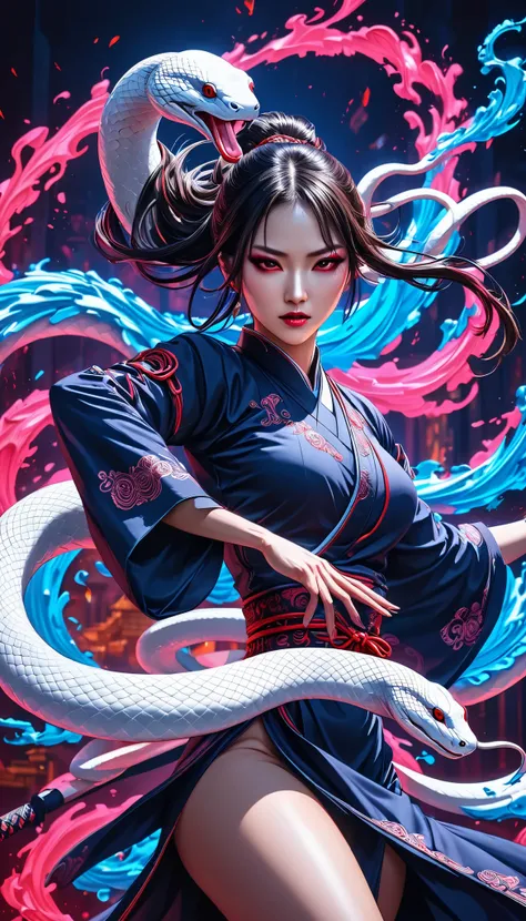 Full color, BREAK Ultra-realism, Detailed and realistic skin texture, Detailed and intricate texture, Detailed and intricate brushwork, Detailed and clear depiction, aesthetic, white snake and martial artist, wearing traditional dark navy Chinese dress, ti...