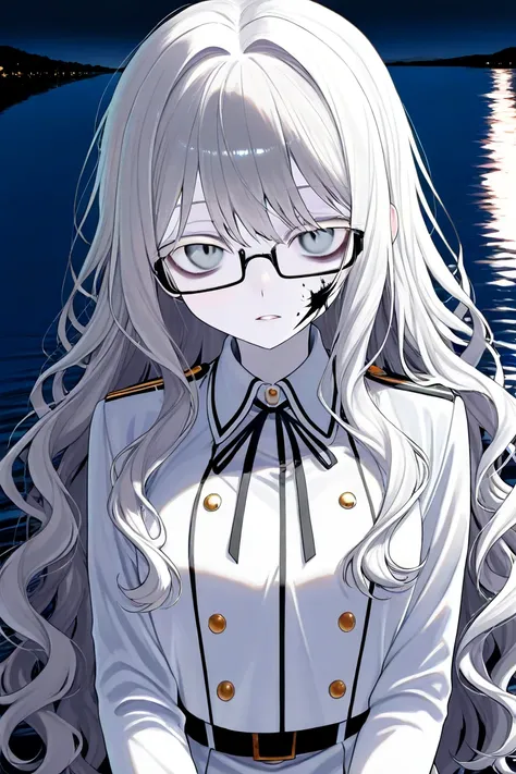 very beautiful schoolgirl.  white wavy hair.  grey eyes.  sharp facial features . Very pale skin.  rectangular glasses. in white uniform . Against the backdrop of a lake at night, around the swan.  magical atmosphere 