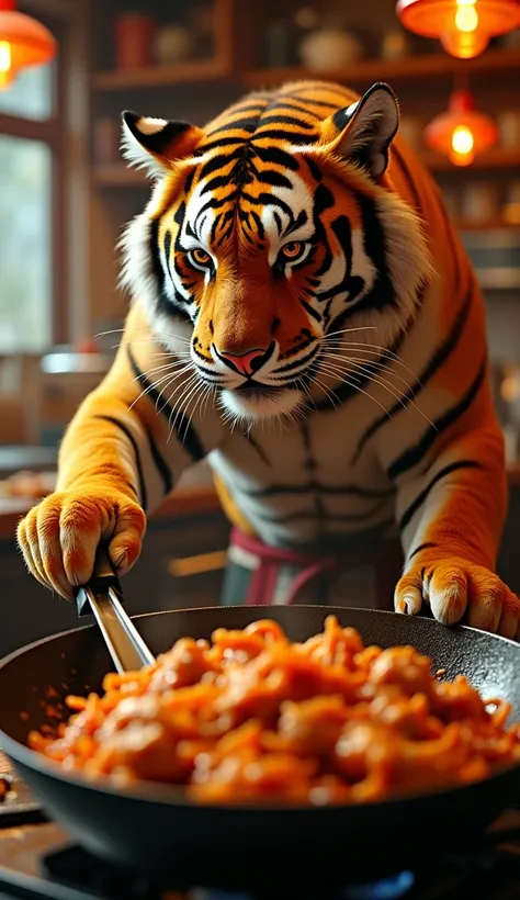 A CLOSE-UP HYPER-REALISTIC TIGER CHEF IN A SPICY ASIAN-THEMED KITCHEN WITH FIERY ORANGE LIGHTING, STIR-FRYING A SIZZLING PLATE OF KUNG PAO CHICKEN. ITS STRIPED FUR GLISTENS AS IT TOSSES THE INGREDIENTS IN A WOK –AR 9:16.