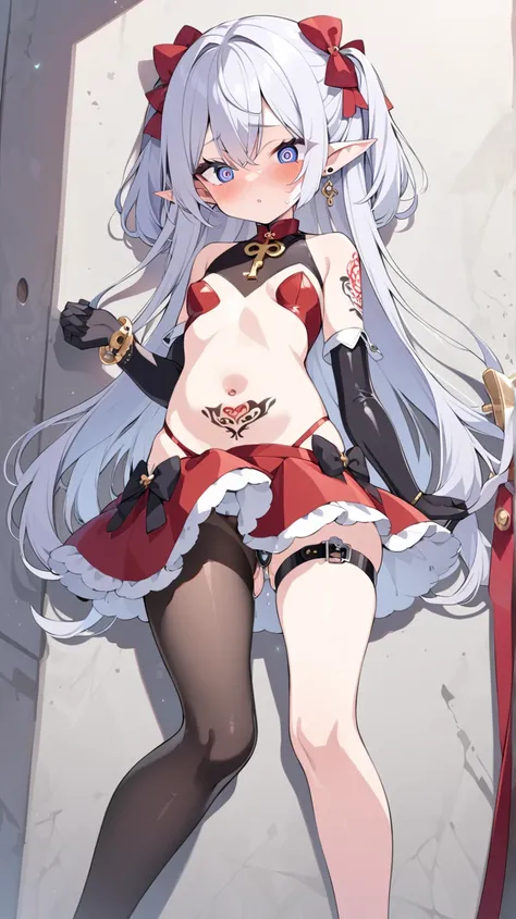  one girl
short stature 　 Magic Girl　Pharmacist　 Barbell Alchemist　 long hair　 Silver Hair　 Red　Confident々　 elf ears　1 gold earring 　tights　 short 　 have small breasts　Baby Face　 open shoulder 　 has big eyes　 fluffy hair　blush　 pastel colored clothes integ...