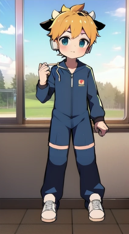 2D boy Shota ，One-piece hiking suit ， Wear headphones on your head， permanent，Goggles，trumpet，Cow ears，Sports shoes，classroom