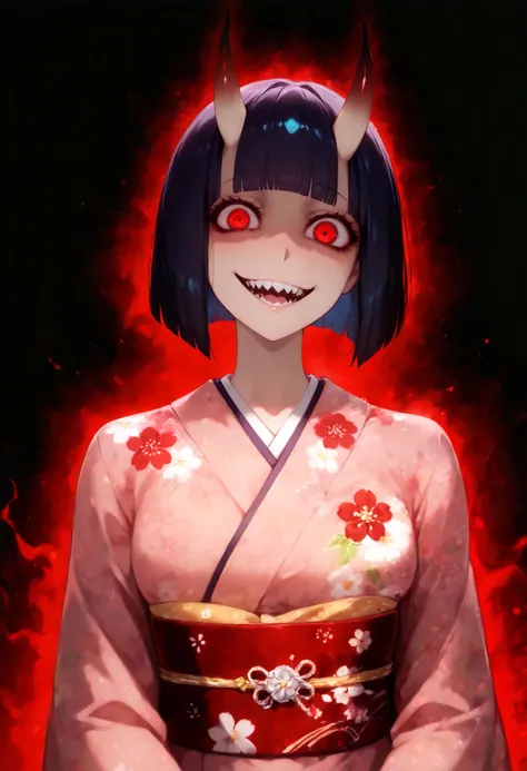 score_9, score_8_up, score_7_up, (yandere, insane, horror, dark art), (1girl, solo), (upper body, portrait), (black short hair, bob cut, blunt bangs), (h-oni, brown ONI horns), red glowing eyes, wide smile, sharp teeth, (Japanese clothes, kimono, floral pr...