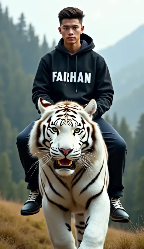 a young man (30 year old) with an korean face, neat short formal hair in a fade side style, wearing a black hoodie with the words: 'FARHAN', riding a giant white tiger in the mountains and forest, facing forward, front view, face detail, full body visible,...