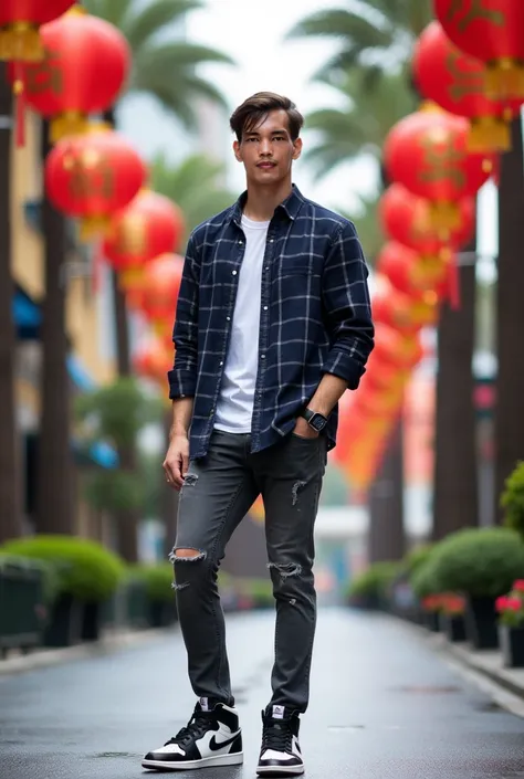 full size photo A 29 year old young man with fair skin tone and he has straight hair styled with a side parting. wearing a long-sleeved dark blue plaid shirt and light blue stripes, wearing ripped pants at the knees of fashionable dark gray pencil jeans, w...