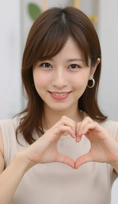  Super Fine、An upshot of her face、She has a smile showing her teeth, wears a camisole, and poses with her hands in the shape of a heart in front of her chest、The background is plain、  HD、細部にわたって HD