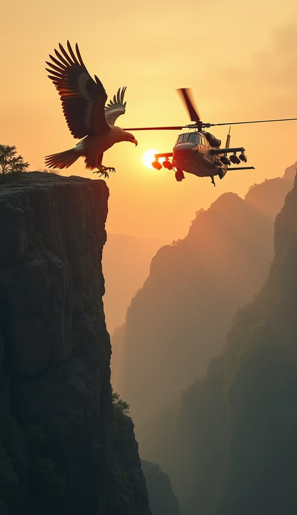 On the edge of a towering cliff, a golden eagle and a military attack helicopter hover in the air, locked in a tense confrontation. The eagle’s sharp talons extend menacingly, while the helicopter’s rotor blades slice through the misty sky. The setting sun...