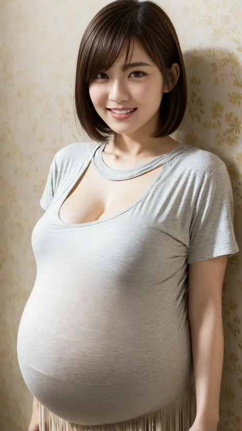 (Masterpiece,High Quality),(clear shots) ,  Japanese ,Woman, (huge breasts),(huge pregnant),(looking at the front), wallpaper, sweet smile, half body, oversized long T shirt, hair short length with fringe, natural pose