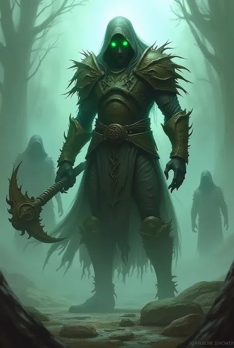 Ghost Warrior of Freetown .  An undead warrior in tattered armor with glowing,  greenish eyes floating above the ground . His weapon consists of bones ,  and behind him are ghostly figures .