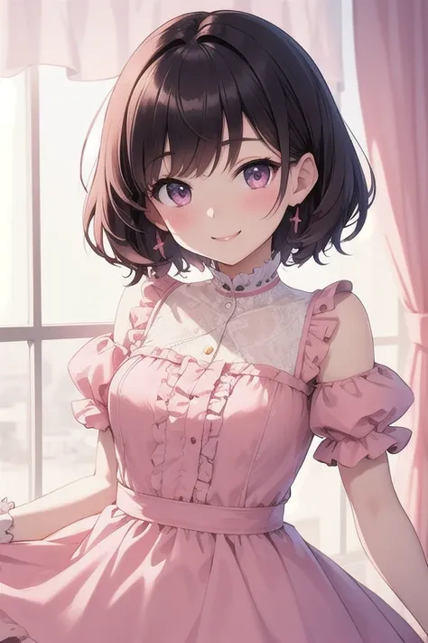 Top quality, high resolution, detailed, beautiful image quality, 1 girl, cute pale pink dress with frills, short hair, smiling face, lolicon, younger sister, cute design with pink as the main color, overall sweet and dreamy atmosphere, white and pink room,