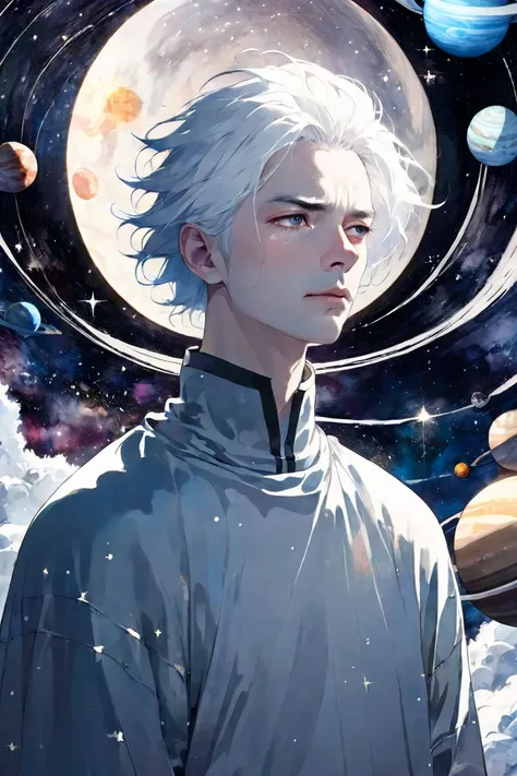 Man with white skin and hair, cold expression, stars and planets, no exposure