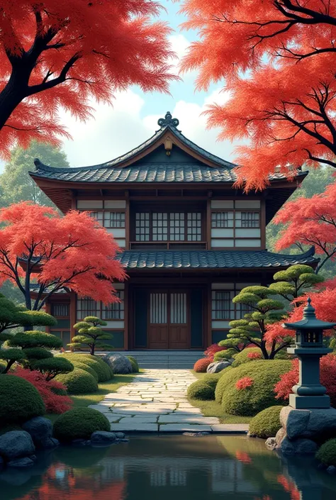 Picture of a large traditional Japanese house surrounded by a momiji tree