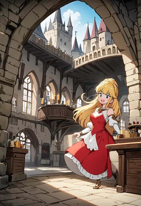  World Cup Style ,  beautiful women,  blondes , red short dress, Royal Room,   Medieval Setting, Inside Castle, castle background.