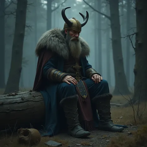 Viking haT ODIN, sad  sitting on a cut tree
