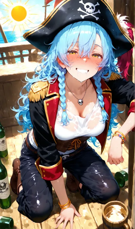 pirate ship,  pirate ship cover, sun, luz sunar, 1girl, \( Hair between eyes ,  wavy blue hair , messy hair, boots,  yellow-eyed,  Tricorn hat,  Medium Breasts, CORSET, pirate jacket,  loose white shirt ,  loose pants, bracelets, without fire,  bracelets ,...