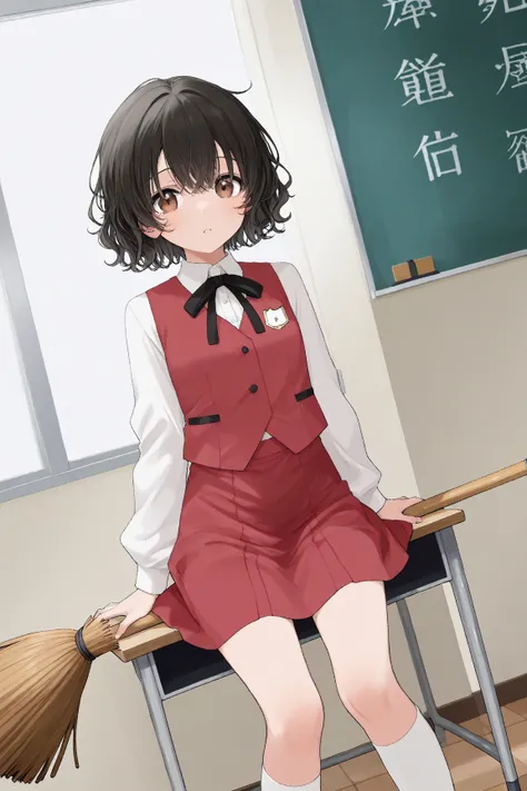  1 girl　classroom　Short Hand　 Small Hands　Short legs　Small feet　 big face of the reception　 black hair　 short hair　 short wavy hair　 brown eyes　 white long sleeve cutter shirt　 red sleeveless vest　red skirt　 white socks　 Broom