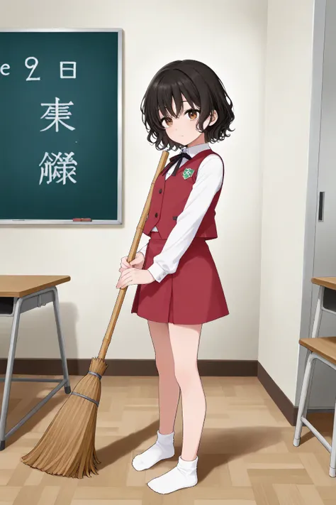  1 girl　classroom　Short Hand　 Small Hands　Short legs　Small feet　 big face of the reception　 black hair　 short hair　 short wavy hair　 brown eyes　 white long sleeve cutter shirt　 red sleeveless vest　red skirt　 white socks　 Broom