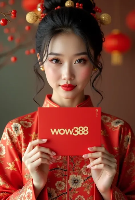 A beautiful, sexy, beautiful-eyed woman wearing Chinese New Year-inspired clothes is standing holding a red packet that says wow388
