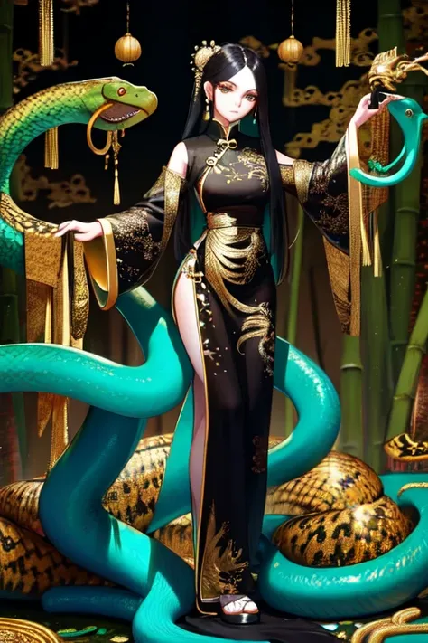 Snake cloth, chinese woman, long jet-black hair, golden serpent hairpins, gold serpent scale silk qipao, (black and gold:1.3), (leans forward:1.3), emerald scale embroidery, jade-green slit eyes, iridescent serpent, turquoise scales, coiled pose, misty bam...