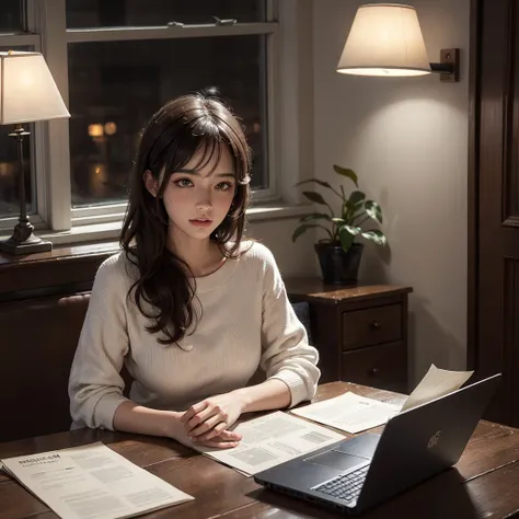  beautiful woman, sitting on bed, , long  hair, indoors, soft lighting, lamp in background, window with rainy night, cozy room, relaxed pose, realistic, intricate details, warm colors, study laptop books and paper