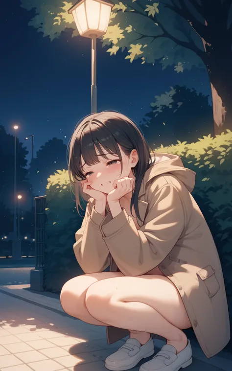 nude, coat, park, night, bashfulness, sobbing, cry, shame, anime, black hair, sitting, squatting