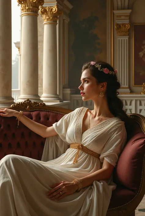       cute woman sitting alone                   、                           Ancient Greek Costume         、             、Inside the palace、 Lie down on a luxurious sofa                