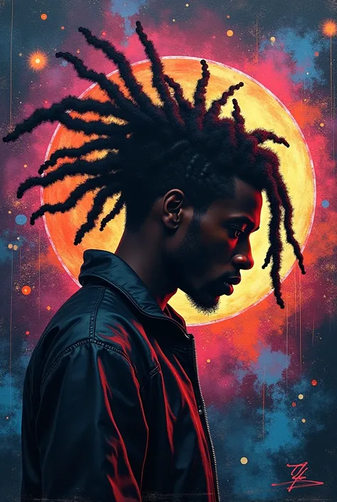 Galaxy graffiti with an omniscient black person withe dreadlocks. This has to represent the racism that exists in the world, musical tastes and the love of football. It also has to be easy to recreate. 