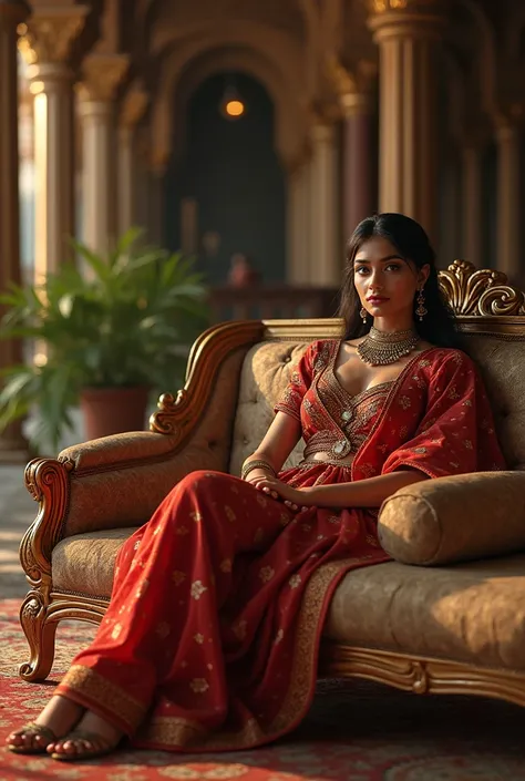 cute glamorous woman sitting alone               、                        Ancient Indian costume            、             、Inside the palace、 Lie down on a luxurious sofa               