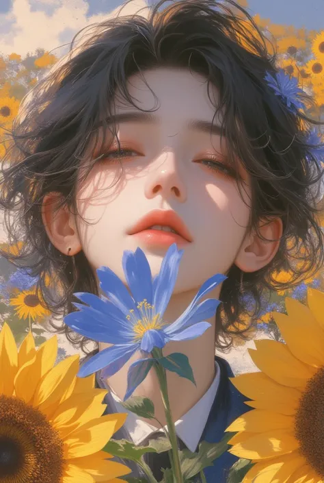  The composition of the novel character ,  bears a young blue flower,  is surrounded by sunflowers , Actor, Open your eyes ,  His hair is blown by the wind ,  The sun will heal ,  close-up monochrome , cute,  Fantastic , oil painting style, Acrylic paint ,...