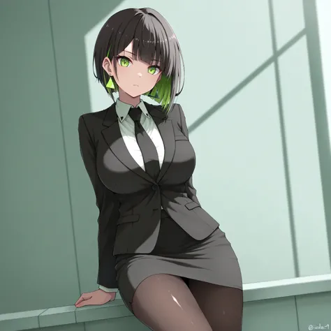 masterpiece, (((( best quality )))),1 girl, Japanese Anime ,character profilele,shiny skin, wearing a black suit,skirt suit, black tie , dark hair, short bob hair,The inner color of the hair is green, green eyes,isosceles triangle earrings, black tights,la...