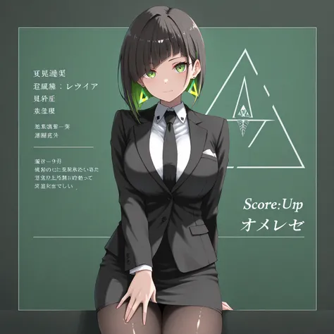 masterpiece, (((( best quality )))),1 girl, Japanese Anime ,character profilele,shiny skin, wearing a black suit,skirt suit, black tie , dark hair, short bob hair,The inner color of the hair is green, green eyes,isosceles triangle earrings, black tights,la...