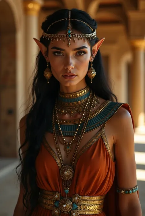 Upper body shot, European woman, European face, pointed elf ears, white skin, black hair, closed mouth, ancient Egyptian noble outfit, Egyptian jewelry, dynamic pose, complex fantasy character, NSFW, cinematic lighting, fantasy, magic, detailed background,...