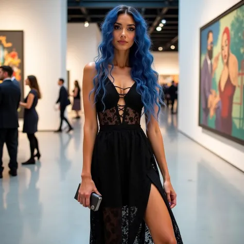 "A sophisticated influencer with long, curly blue hair wears a black lace asymmetrical dress with a high slit and cut-out details at the waist. She poses in a modern art museum, with abstract installations and minimalist architecture surrounding her."