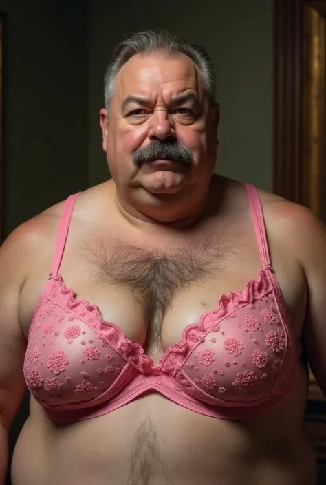 Make a 60 years old a little fat romanian governor with balding on top of his head and a mustache wearing a pink coquette bra on hos hairy chest