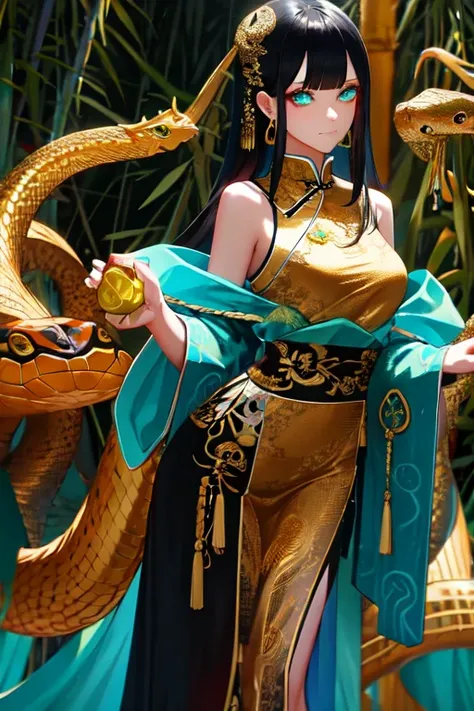 Snake cloth, chinese woman, long jet-black hair, golden serpent hairpins, gold serpent scale silk qipao, (black and gold:1.3), (leans forward:1.3), emerald scale embroidery, jade-green slit eyes, iridescent serpent, turquoise scales, coiled pose, misty bam...