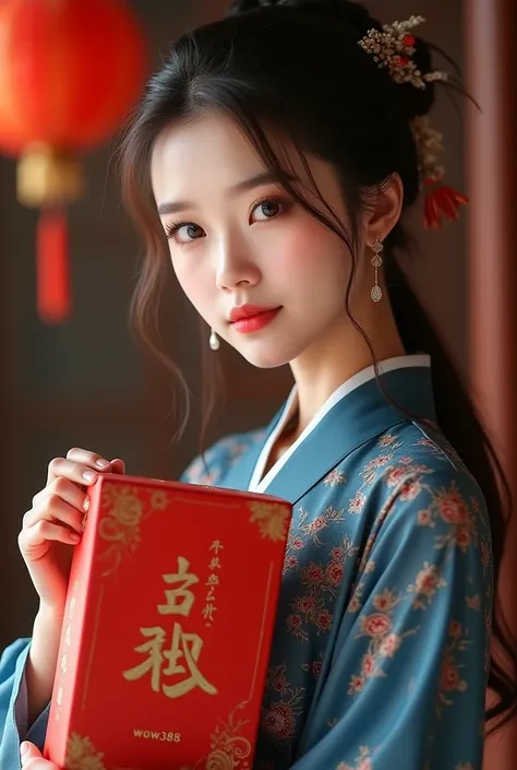 A Chinese girl, sexy woman, beautiful eyes, wearing blue Chinese New Year clothes, stands holding a red package that says wow388
