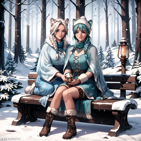 (1girl),animated girl sitting on a bench in the snow with a lantern, winter concept art, 8K high quality detailed art, animated art wallpaper 8K, goddess of winter, eyes shining in vivid colors, elaborate and delicate ornaments and dresses, detailed drawin...