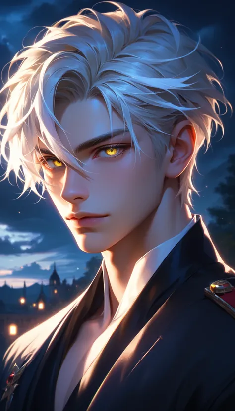 (8k, RAW photos, best quality, masterpiece: 1.4), (((Boy examining himself)))，Ultra-high resolution, Extremely detailed, Dim Lights, Upper body close-up, handsome boy, yellow eyes, (delicate eyes, Eyes are bright:1.2), yellow short hair, Fair skin,dark, bl...