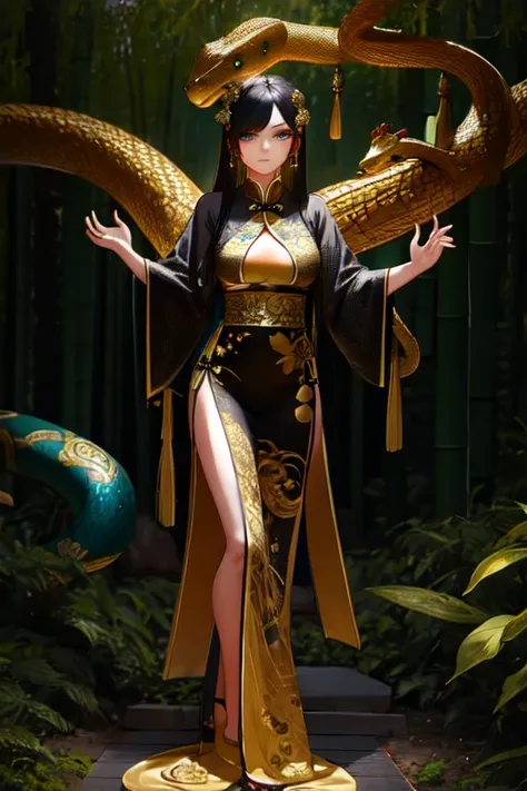 Snake cloth, chinese woman, long jet-black hair, golden serpent hairpins, gold serpent scale silk qipao, (black and gold:1.3), (leans forward:1.3), emerald scale embroidery, jade-green slit eyes, iridescent serpent, turquoise scales, coiled pose, misty bam...