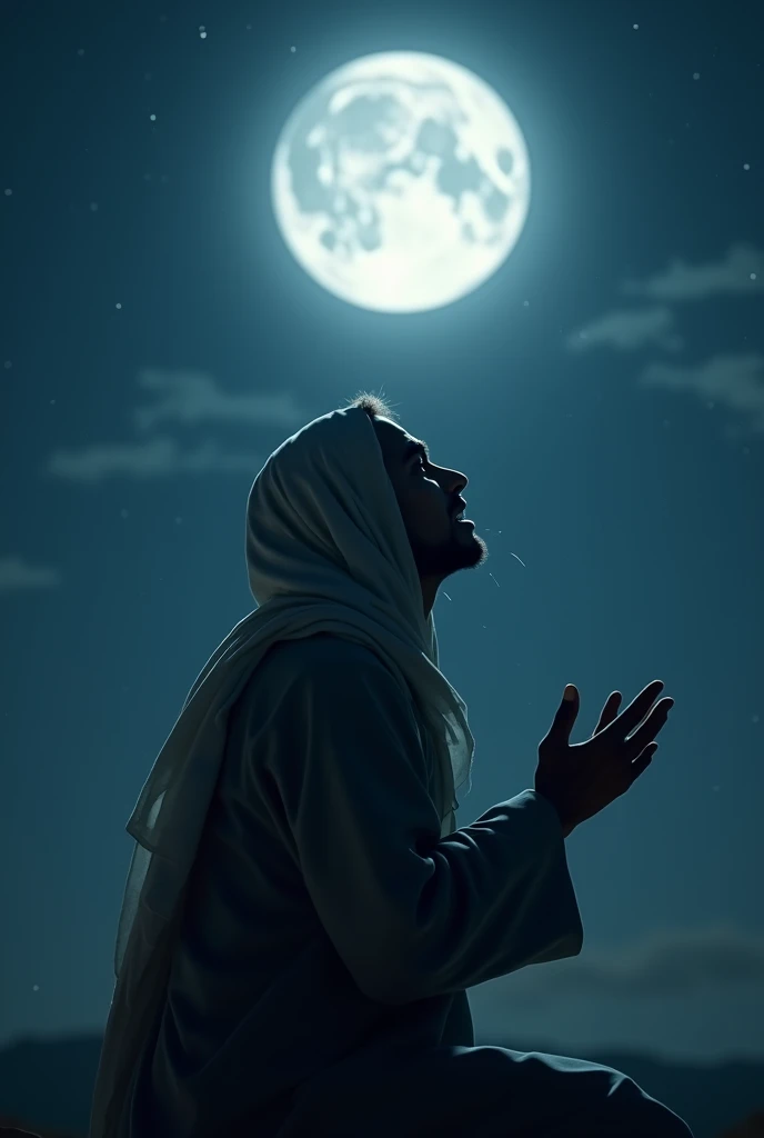 A Muslim person complains while crying and praying under the very bright moonlight.
